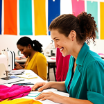 "Creative Spark"**

*   Prompt: A brightly lit fashion design workshop. Several diverse individuals are enthusiastically working on projects, surrounded by colorful fabrics, sketches, and sewing machines. Emphasize a sense of collaboration and joyful discovery. Focus on a person smiling as they realize a creative breakthrough, with light radiating from their face. Style: vibrant, inspiring, and slightly whimsical.

**