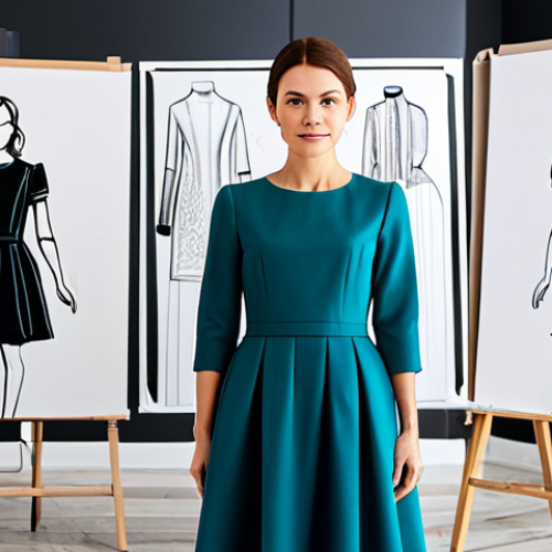 **

A professional fashion designer, fully clothed in a stylish, modest dress, working at a bright, modern studio with design sketches and fabric samples visible. Perfect anatomy, correct proportions, natural pose, well-formed hands, proper finger count, natural body proportions. Safe for work, appropriate content, professional, family-friendly, high quality.

**