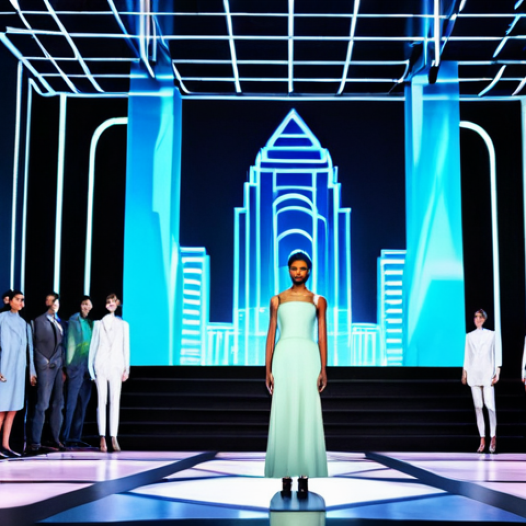 패션디자인 작품 발표 준비법 - **Prompt:** A vibrant fashion show stage featuring innovative designs inspired by "Future City," ful...
