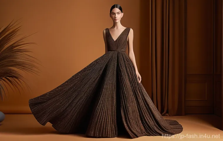 패션디자인 관련 전시회 정보 - **Sustainable Fashion Exhibit: Coffee Ground Dress**
    A high-resolution, artistic fashion photogr...