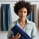 패션디자인 실무에서의 창의적 문제 해결 - **Prompt:** A stylish female fashion designer in her early 30s, with a thoughtful expression, meticu...