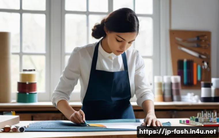 패션디자인 실무 도구 관리법 - **Prompt:** A focused female fashion designer, in her late 20s, with a stylish yet practical work ap...