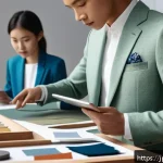 패션디자인 성공적인 경력 개발 - A modern fashion designer in a sleek studio, surrounded by sustainable materials like organic cotton...