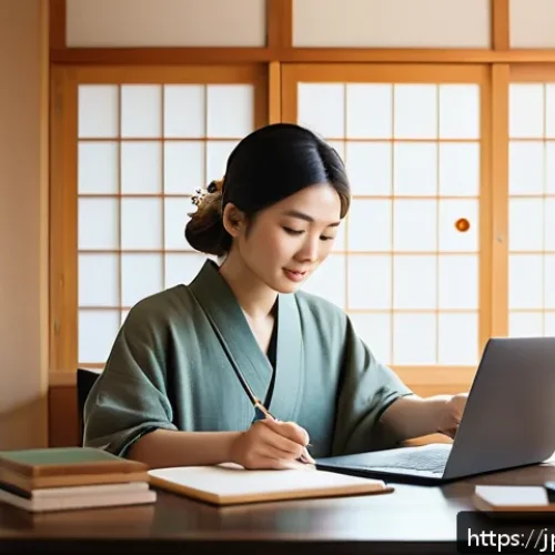 패션디자인 자격증 관련 온라인 강의 추천 - A cozy home study scene featuring a young Japanese woman sitting comfortably at a wooden desk in a m...
