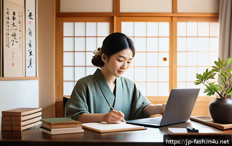 패션디자인 자격증 관련 온라인 강의 추천 - A cozy home study scene featuring a young Japanese woman sitting comfortably at a wooden desk in a m...
