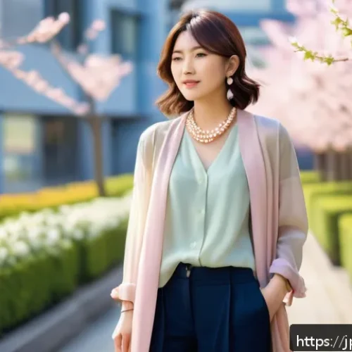 패션디자인 전문가가 알려주는 팁 - A stylish young Japanese woman dressed in layered spring fashion, wearing a pastel cotton shirt unde...