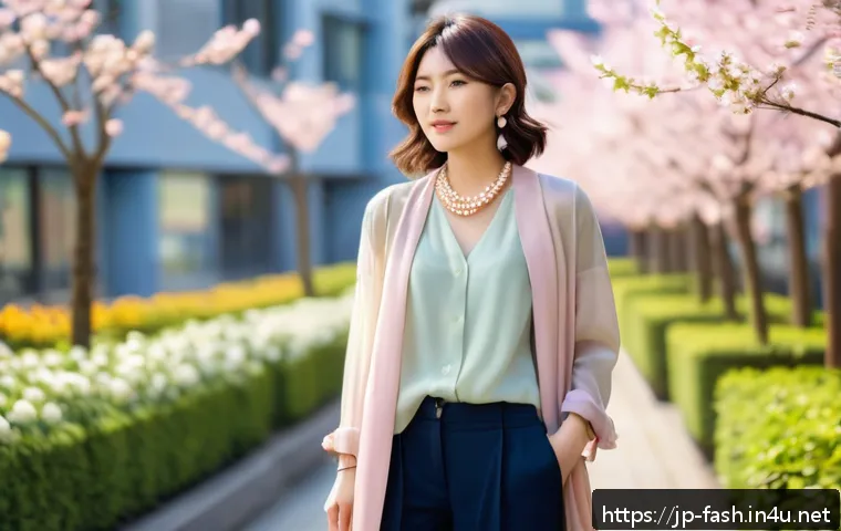 패션디자인 전문가가 알려주는 팁 - A stylish young Japanese woman dressed in layered spring fashion, wearing a pastel cotton shirt unde...