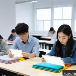 패션디자인 자격증 취득 비용 - A modern Japanese fashion design classroom featuring young adult students attentively working on dig...