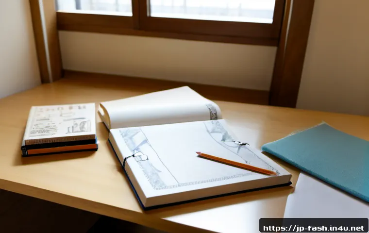 패션디자인 공부에 필요한 책 추천 - Photorealistic fashion design study desk in a bright Tokyo apartment, open blank sketchbook with han...