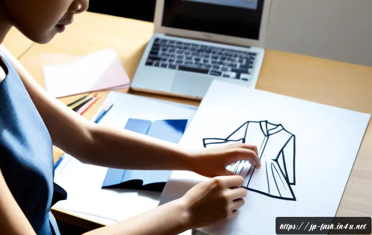 패션디자인 실무와 실기 차이 - Photorealistic split-scene fashion design studio, left side a young Japanese fashion designer develo...
