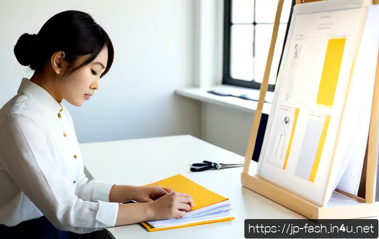 패션디자인 관련 자격증 비교 - Photorealistic fashion design certification comparison concept, a young Japanese fashion student at ...