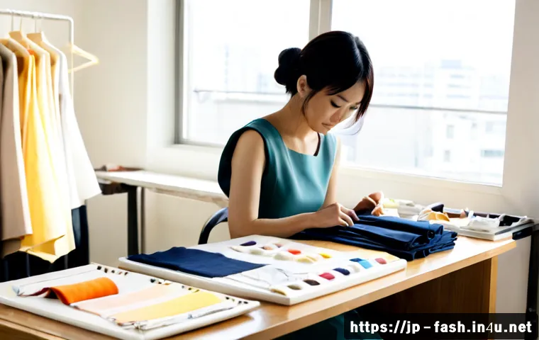 패션디자인 워라밸 경험담 - Photorealistic Japanese fashion designer in a bright Tokyo studio, calmly arranging fabric swatches ...
