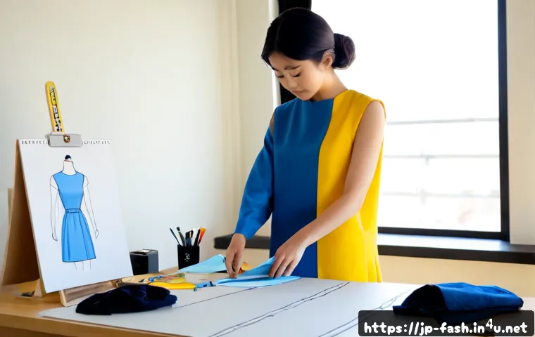 패션디자인 공모전 준비 방법 - Photorealistic fashion design competition preparation scene, a young adult designer in modest contem...