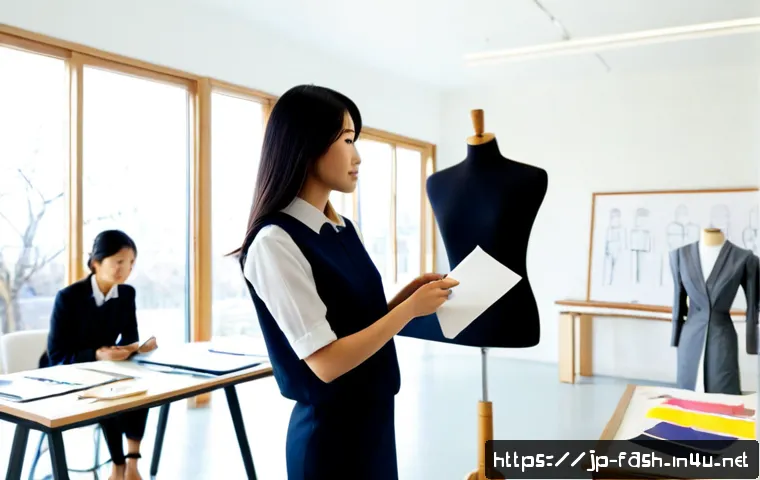 패션디자인 취업 성공 사례 - Photorealistic editorial scene of a young Japanese fashion designer confidently presenting a tailore...