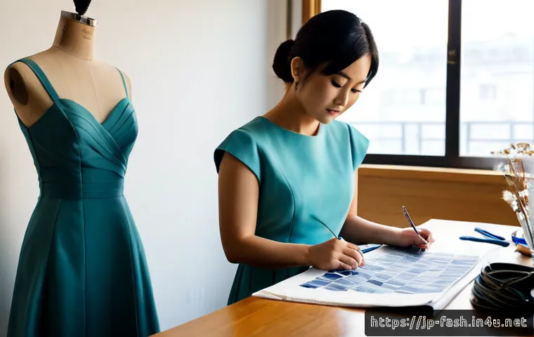 패션디자인 취업 후 성장 플랜 - Photorealistic Japanese fashion designer in her late 20s working at a clean studio desk, arranging f...